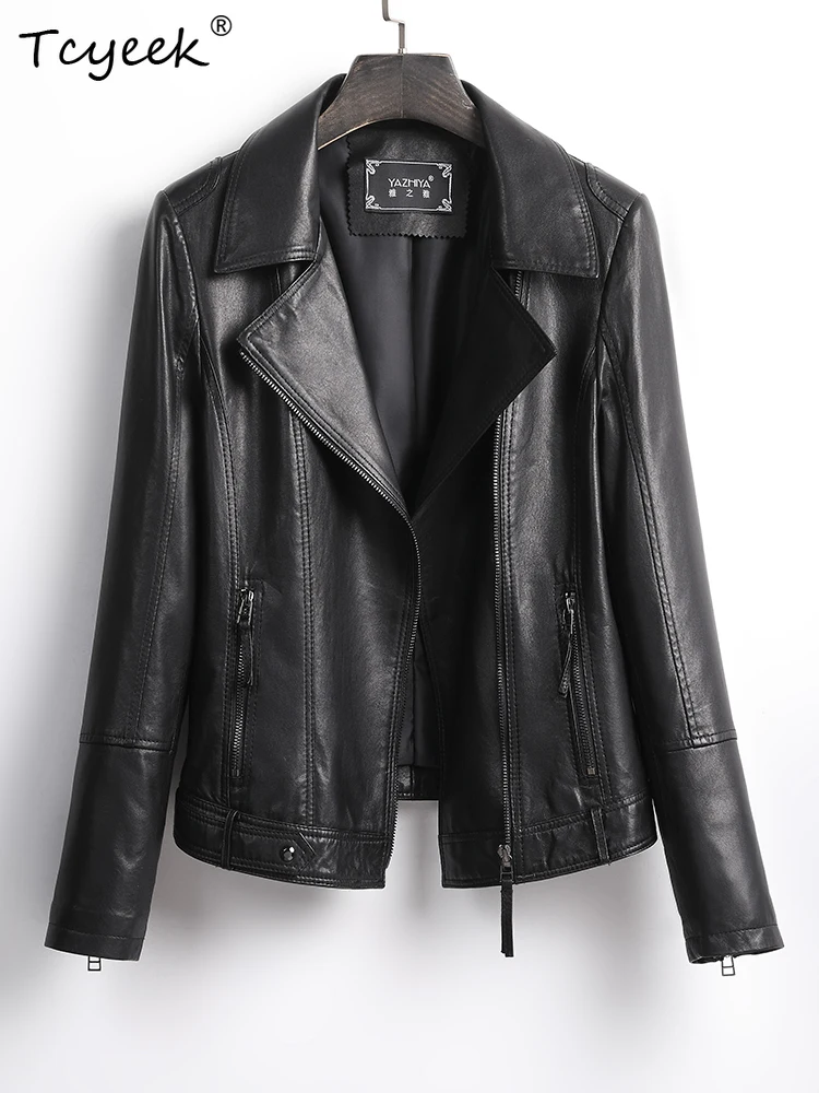 Tcyeek Giacca in pelle da donna in pelle di pecora Primavera Autunno Colletto del vestito a maniche lunghe Giacca da moto corta nera Chaqueta Cuero Mujer
