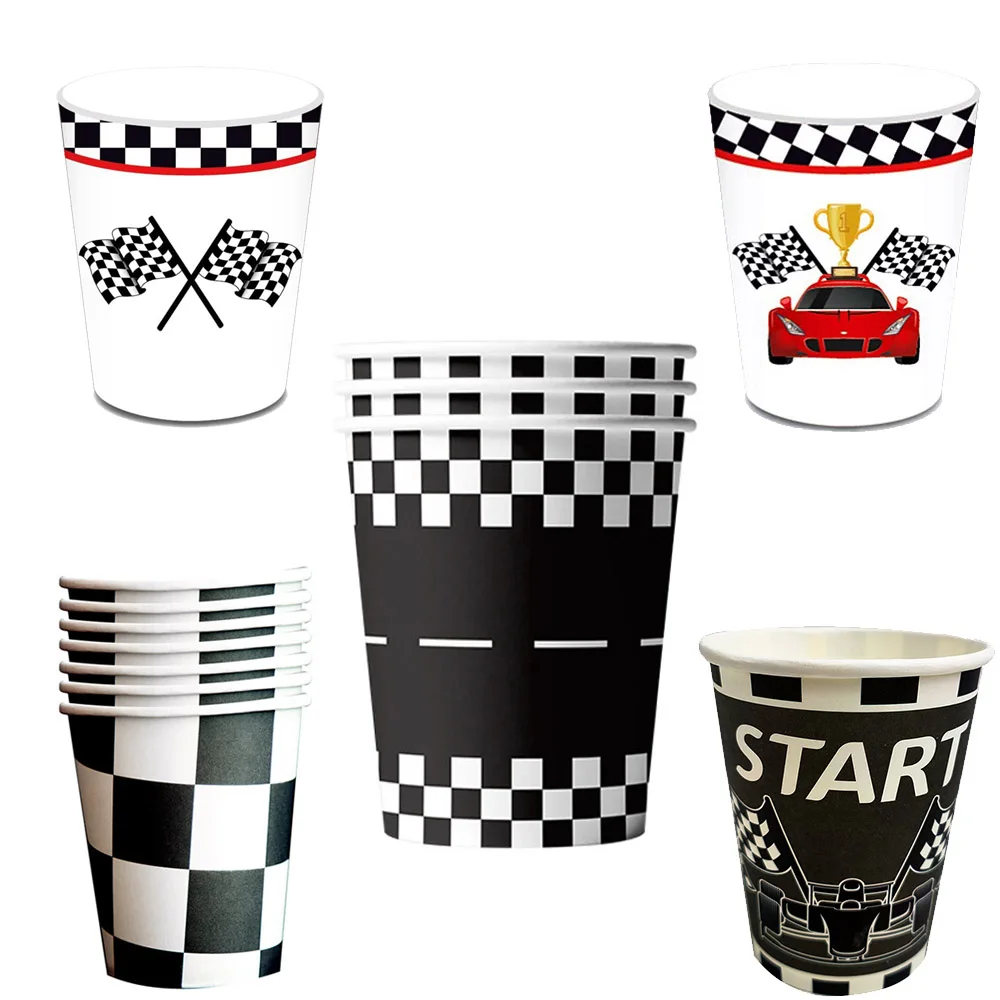 Racing Car Paper Cups Party Supplies Checkered Birthday Cups Racetrack Running Disposable Paper Cup for Race Car Birthday Party