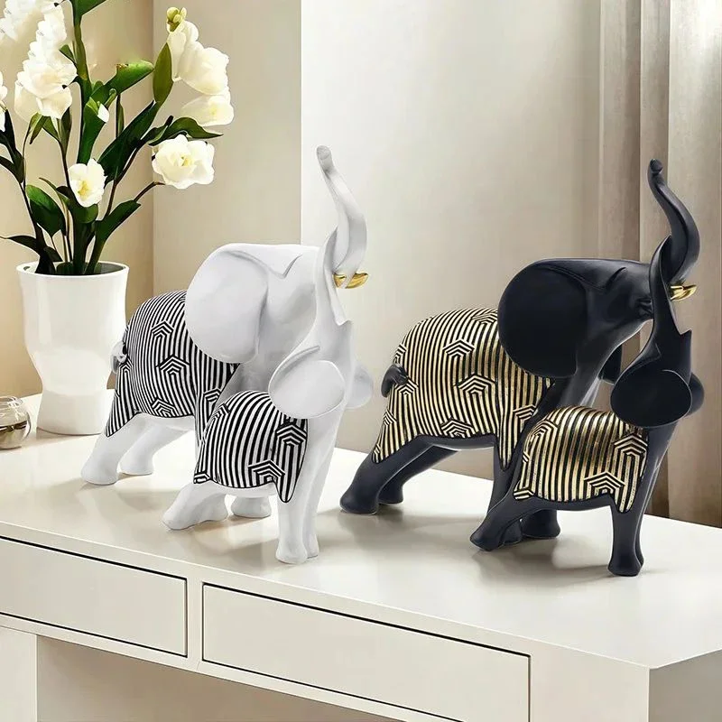 Creative Striped Elephant Parent-child Statue Desk Decoration Ornaments Modern Abstract Animal Sculpture Room Aesthetic Decor