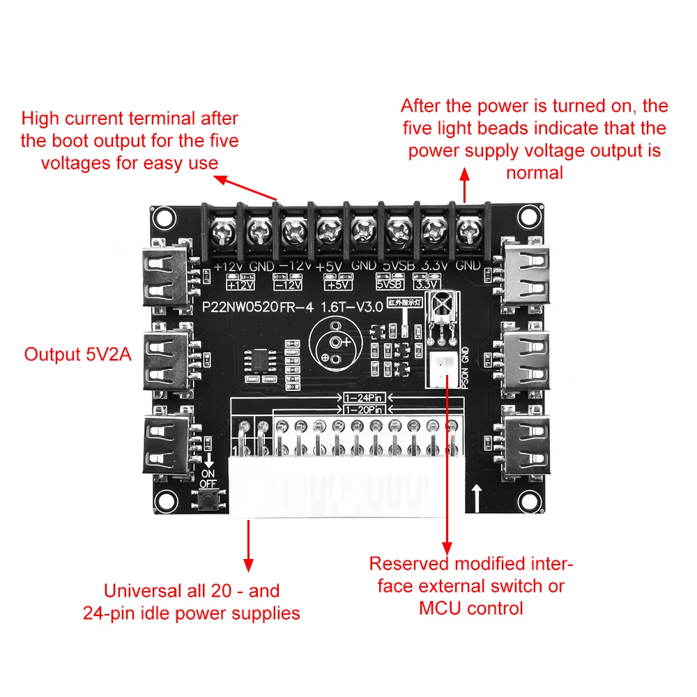 20/24 Pin ATX Power Adapter Board Adjustable Voltage Multiple Power Supply Adapter Synchronous Breakout Board Power Connector