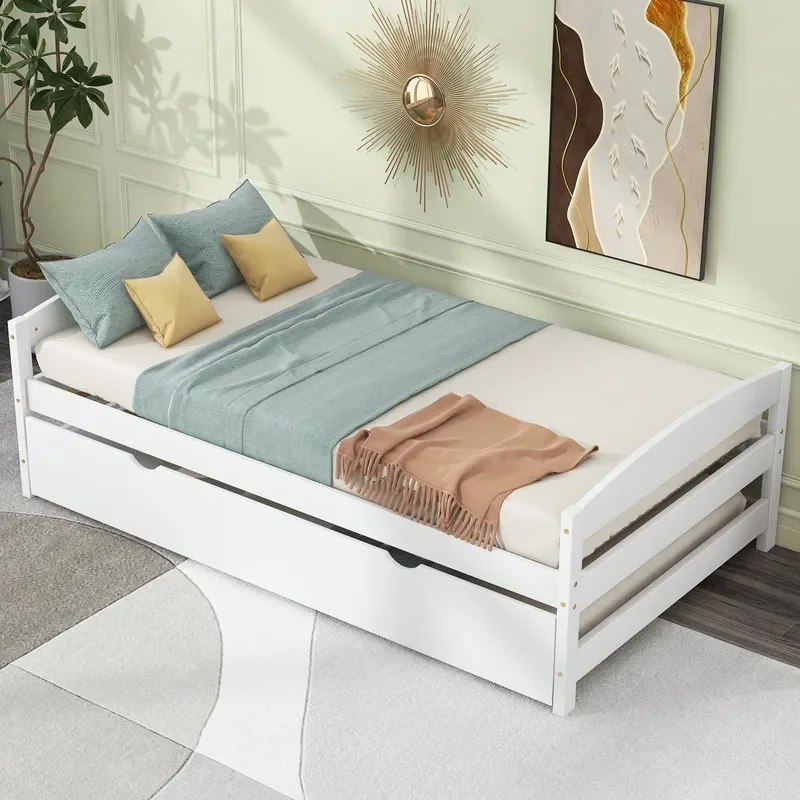 White Wood Bed Frame with Silent Casters Adjustable Double Size for Small Bedrooms