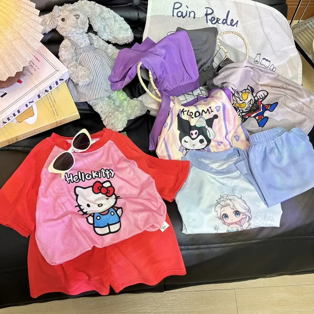 

Sweet Hello Kitty Kawaii Anime Sanrio Ins Fashion Short Sleeve Shirt Pants Cute Children T-shirt Pajamas Baby Clothes Gifts