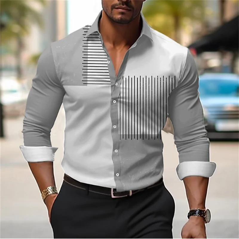 Business casual men's shirt 3D geometric print men's casual button long sleeved shirt men's spring, summer, autumn top men's 5XL