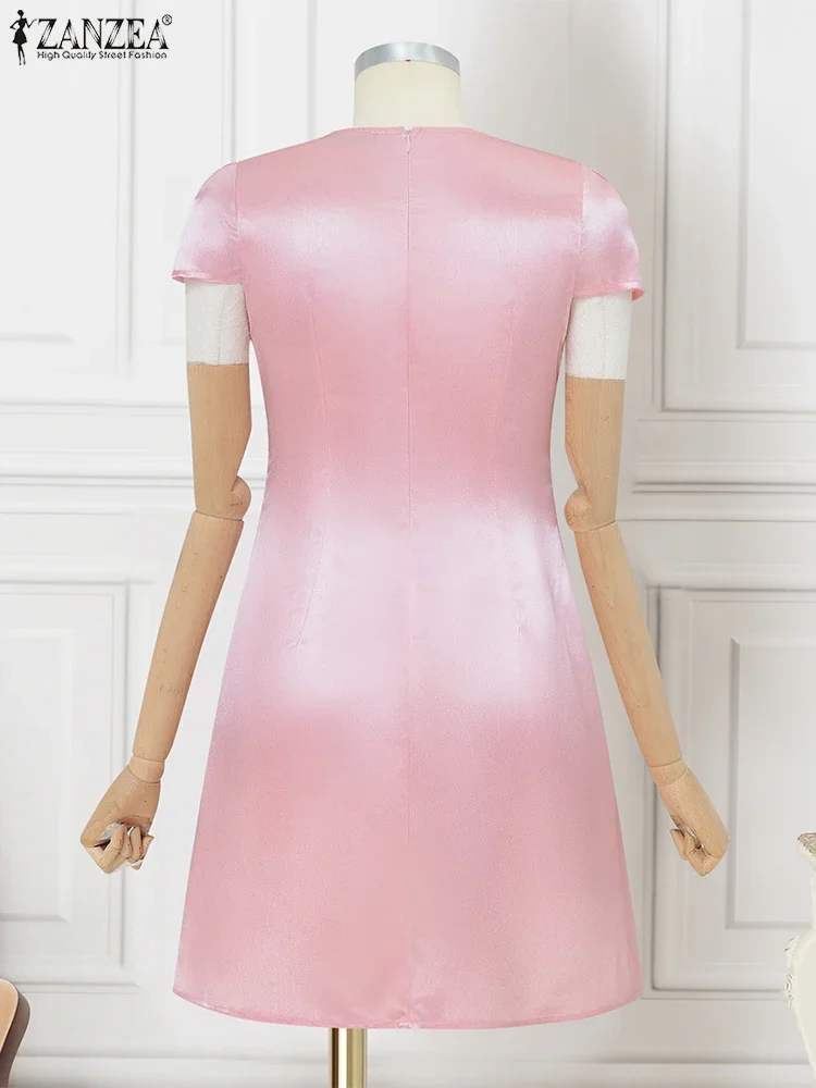 ZANZEA Summer Elegant Satin Mini Dresses Women Party Vestidos 2025 Fashion Silk Short Sleeve Solid Sundress Sexy Club Robe Femme