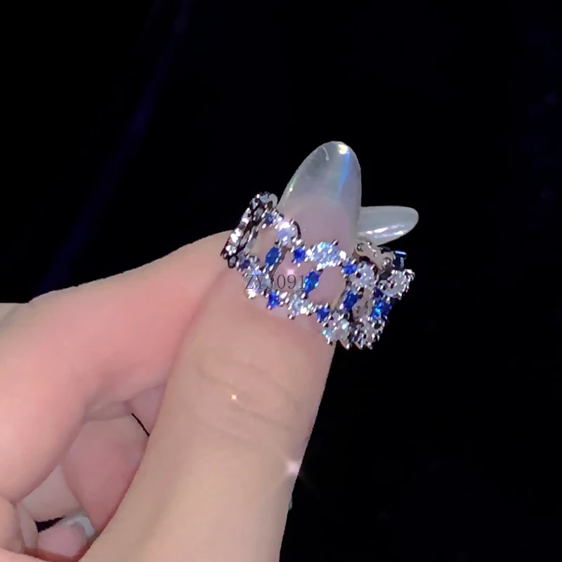 Cincin berlian berongga zirkon biru indah mewah ringan cincin jari telunjuk unik bermutu tinggi
