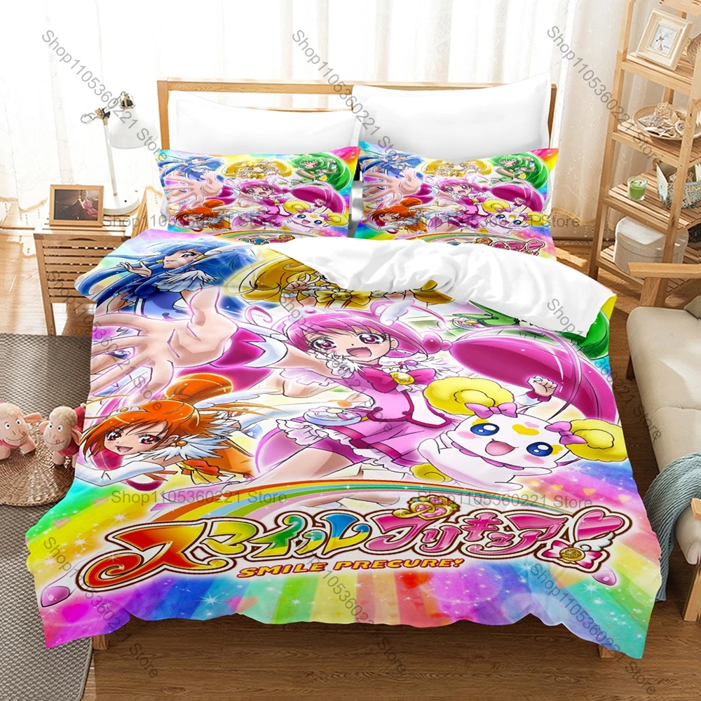 Pretty Cure Anime Bedding Set 3Pcs Pink Sweet Style Printed Duvet Cover Bed Set For Girls Kids Room Decoration