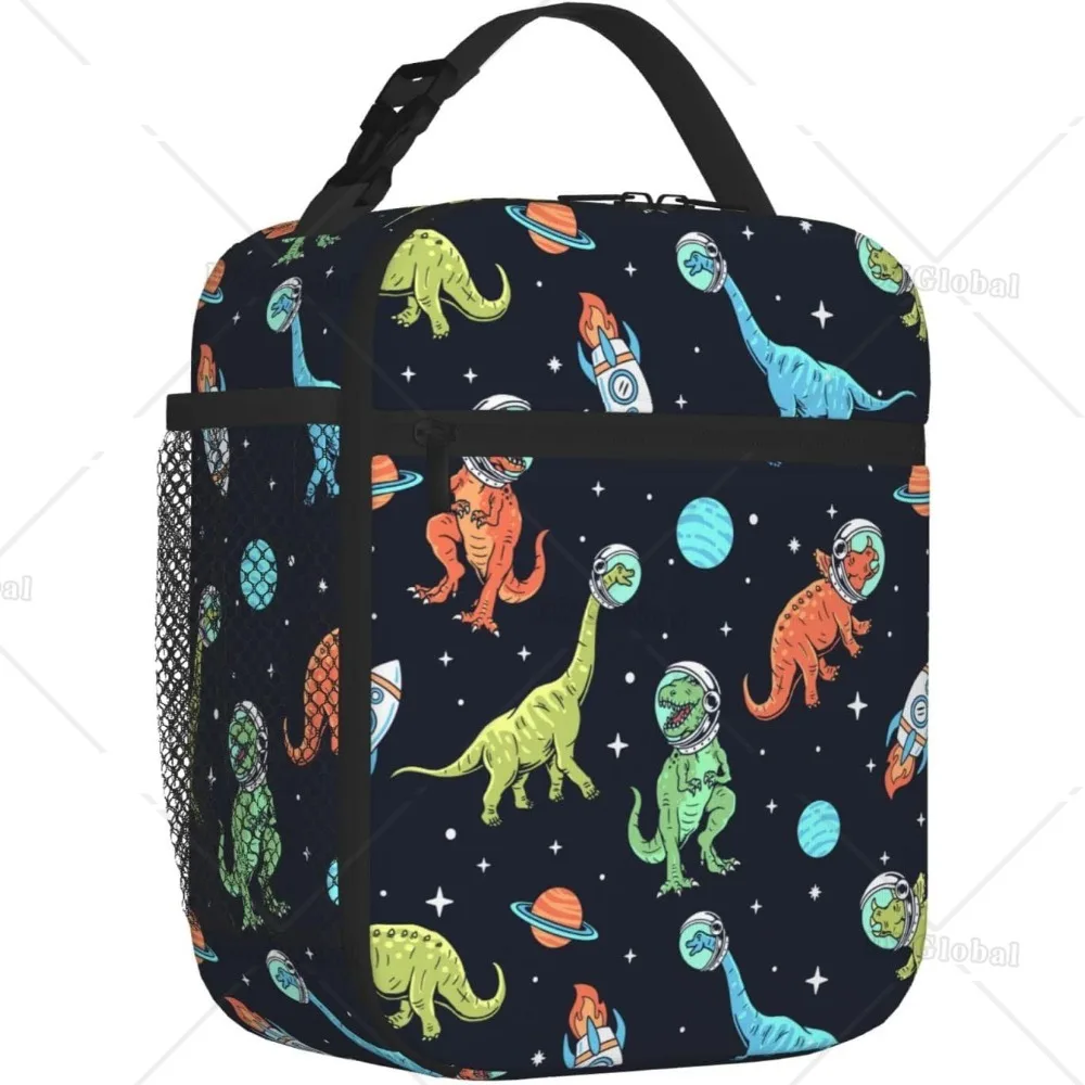 Cartoon Dinosaur in Space Thermal Lunch Box for Boys Girls Reusable Portable Small Navy BLue Lunch Bag for Office Work Picnic