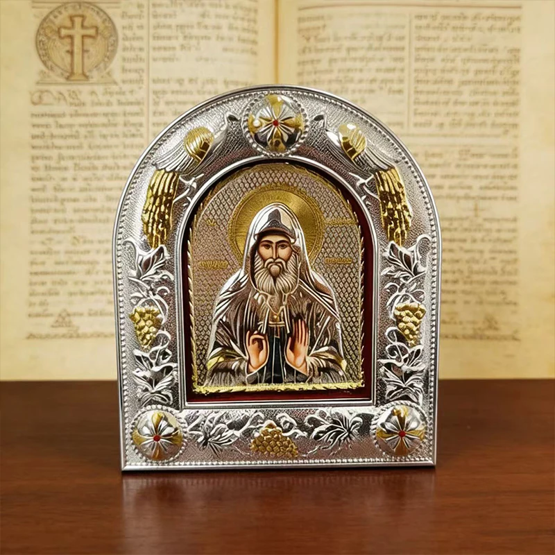 Byzantine Silver Gold Plated Orthodox Saint Icon with Embossed Arch Frame for Church Liturgy Home Altar Devotion Christian Gift