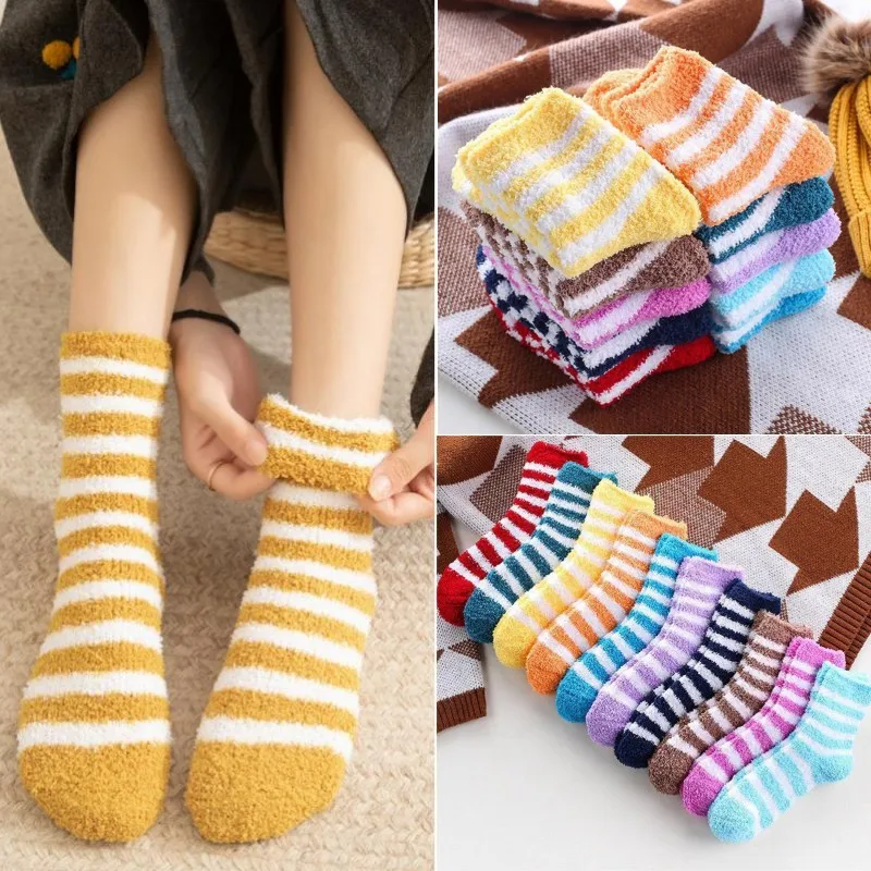 

Winter Warm Women Soft Fluffy Stripes Bed Socks Ladies Lounge Floor Slipper Fleece Plush Thicken Coral Warmer Sleeping Stockings