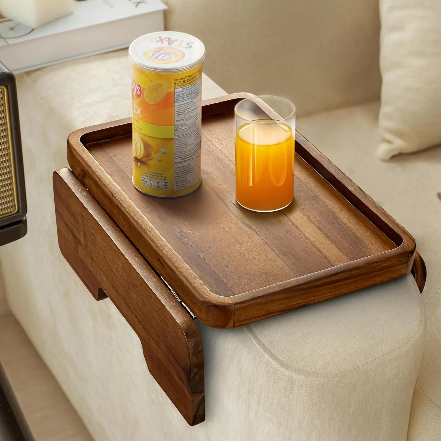 

Acacia Wood Sofa Armrest Tray - 13.75 X 9.5In Double Hinge Sofa Arm Tray Table Clip - Couch Arm Table - Wooden Side Tables For