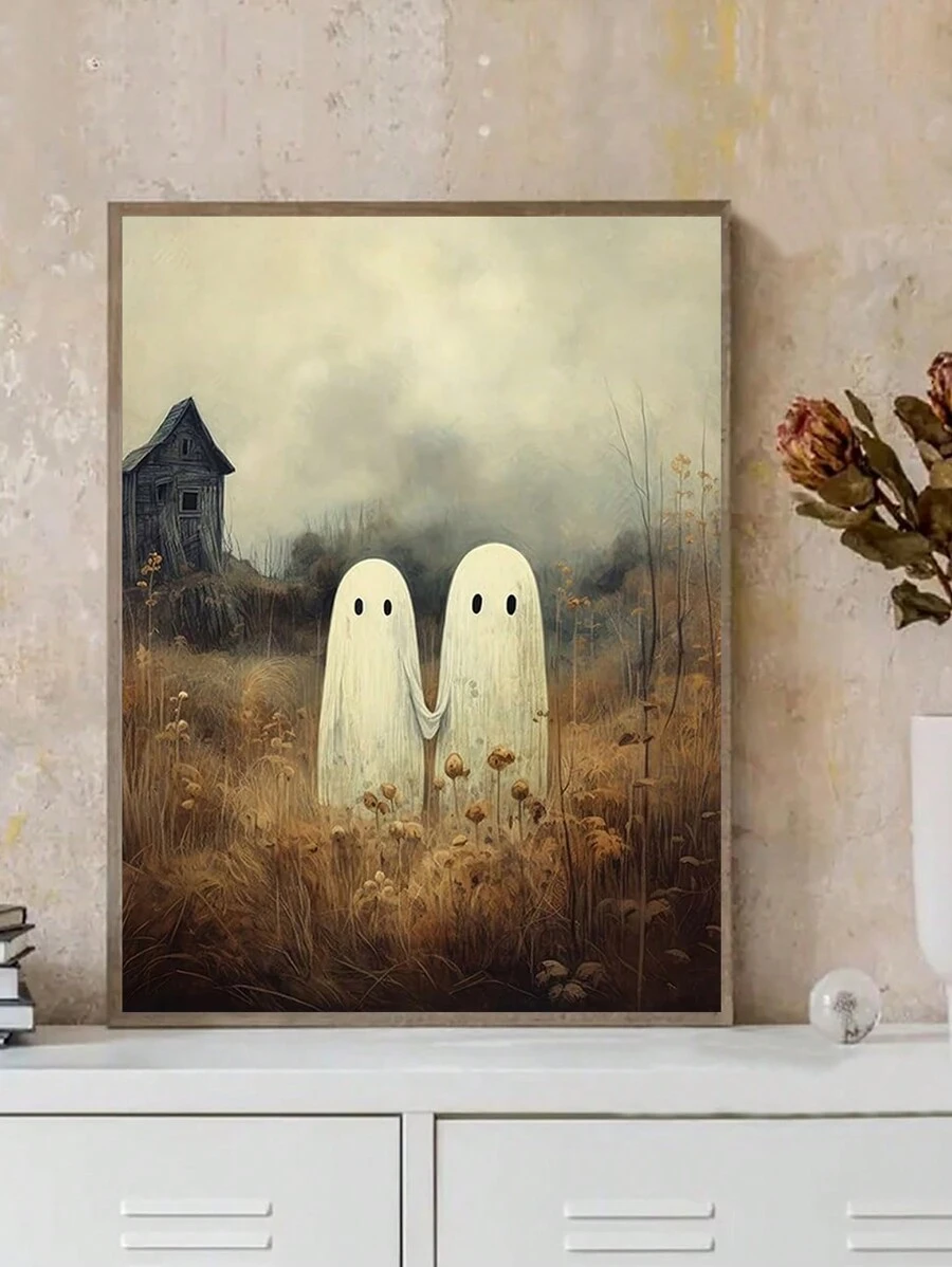 Retro Cute Ghost Companion & Reads Book Canvas Prints Monster Holds Black Cat Wall Art Poster for Living Room Halloween Decor