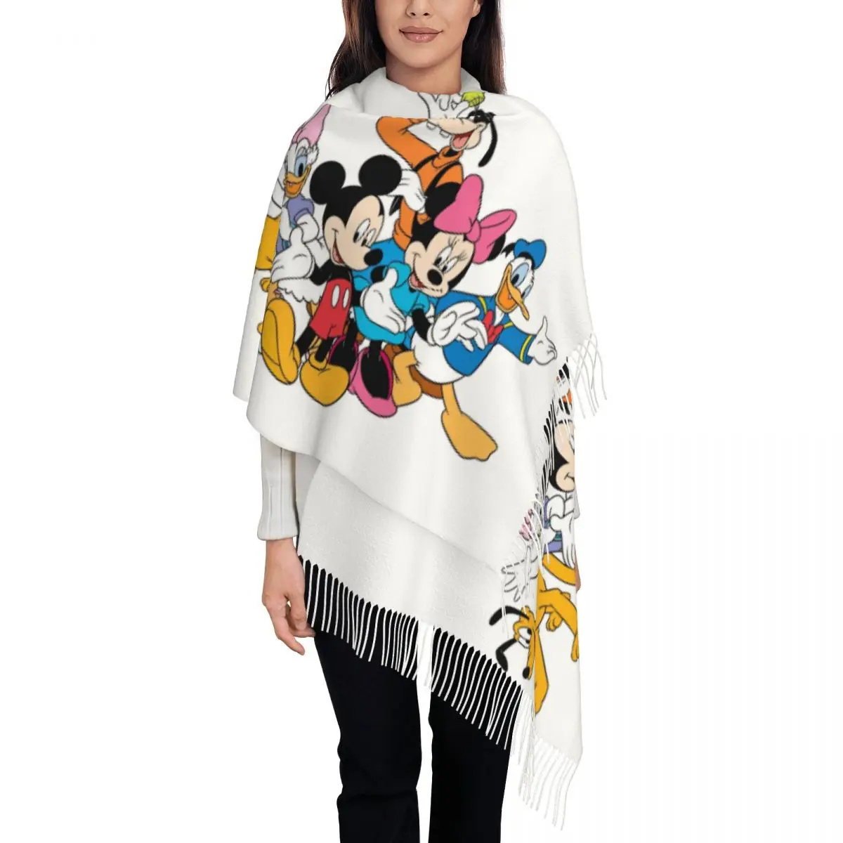 

Custom Mickey Mouse And Friends Tassel Scarf Women Soft Shawls Wraps Female Winter Scarves