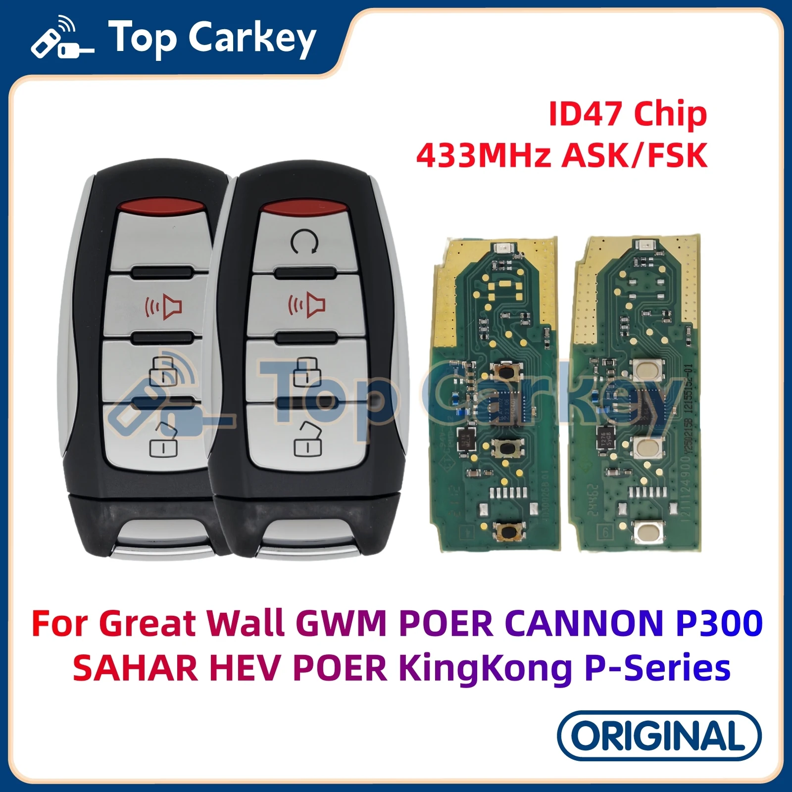 

TopCarkey OEM дистанционный ключ 47 чип 433 МГц ASK/FSK для Great Wall GWM POER CANNON P300 SAHAR HEV POER KingKong P-Series