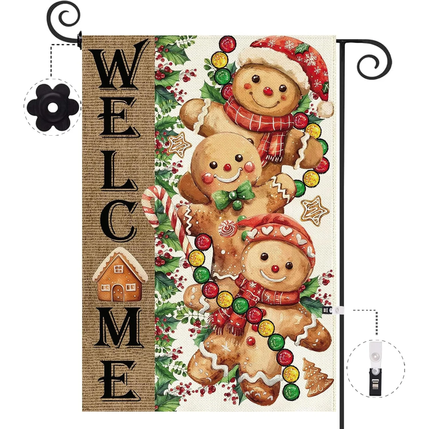 12x18 Inch Large Double-Sided Gingerbread for Man Welcome Garden Flag with Candy Cane Holly Red Berries
