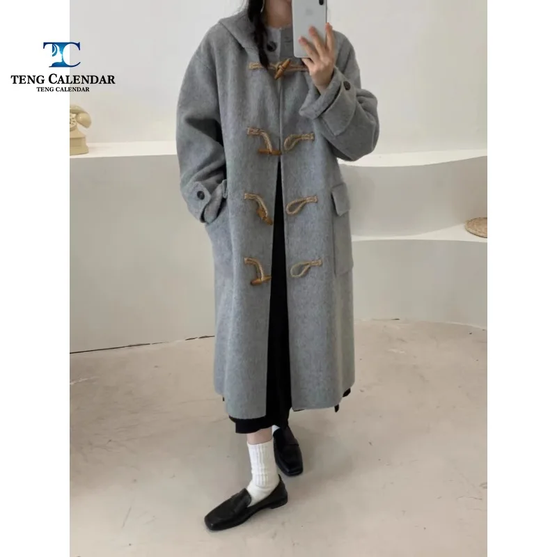 Women's Korean Style Wool Coat, Long Horn Buckle, Stand Up Collar, Hooded Loose Casual Jacket, Autumn Women's Clothing, Fashion