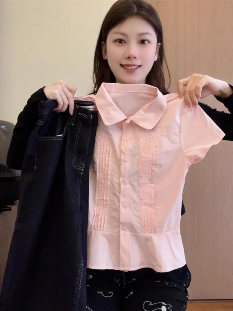 

Розовая женская рубашка с короткими рукавами и свободной талией, модный топ в корейском стиле на раннюю весну, антиоксидантный топ в японском стиле