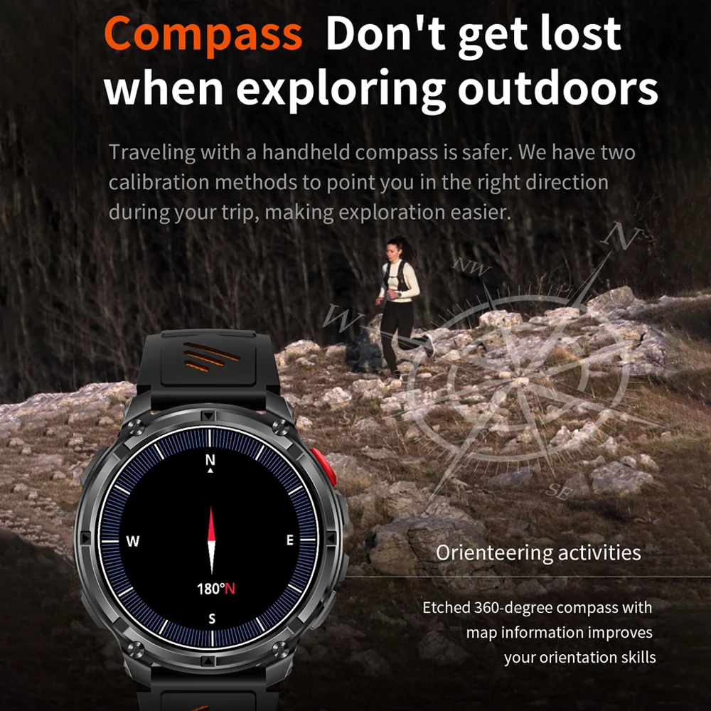 1100mAh بطارية Smartwatch 1.7 بوصة مصباح ليد جيب BT دعوة في الهواء الطلق ساعة ذكية الرجال النساء الرياضة البوصلة مراقبة الصحة مقاوم للماء