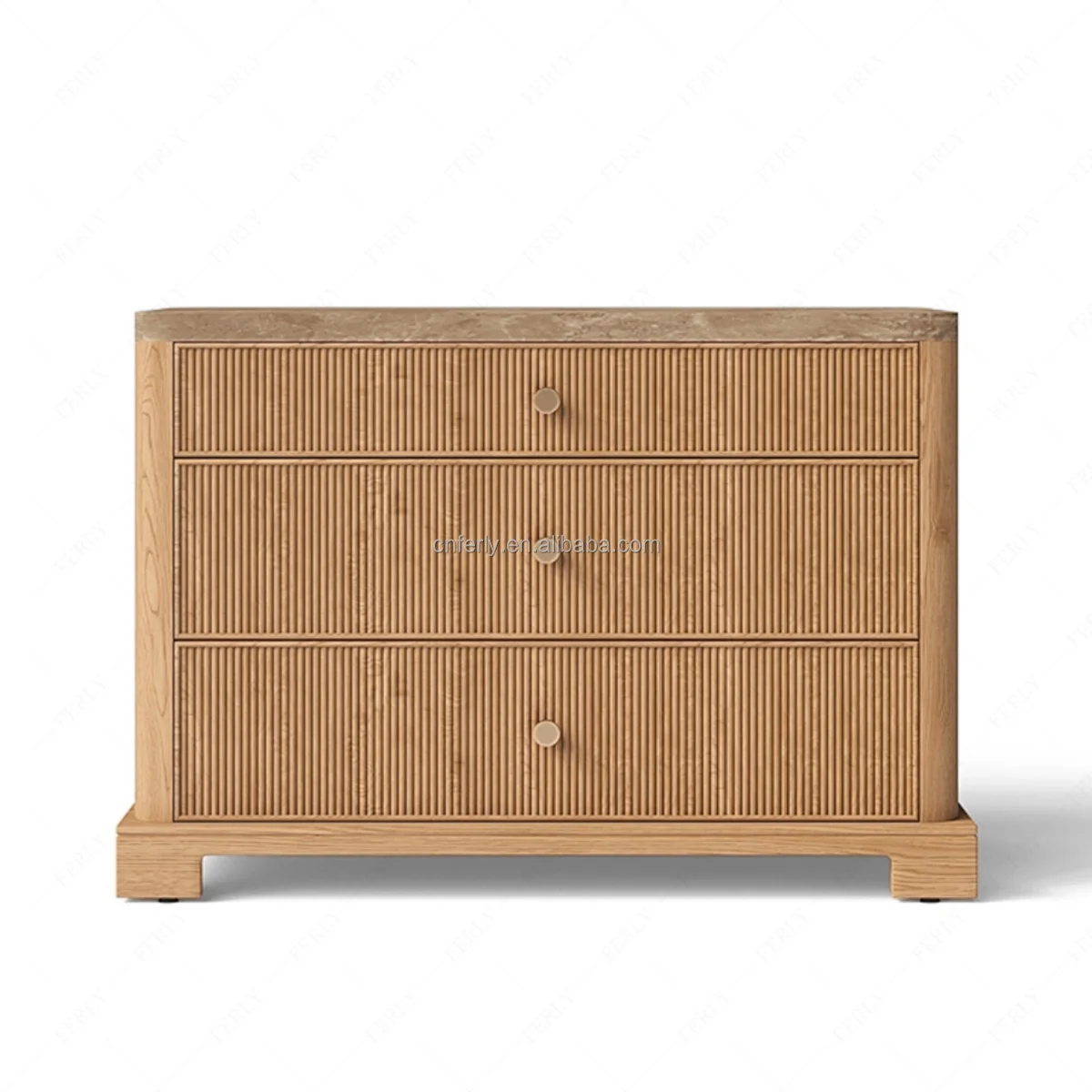 Classic Bedside Table with Three Storage Drawers Emperador Reeded Closed Nightstand for Home Bedroom