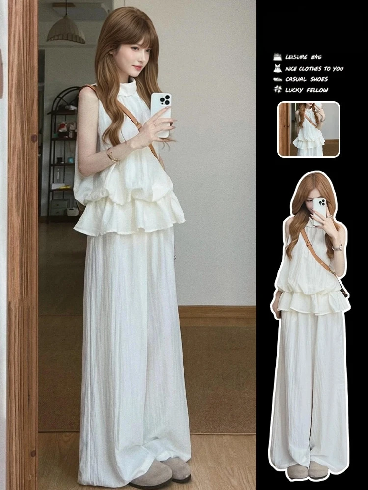 Cherry Blossom Pink Summer Outfit Women's High Waist Pants Top And Bottom Set Korean Style Beautiful Complete Set Ootd
