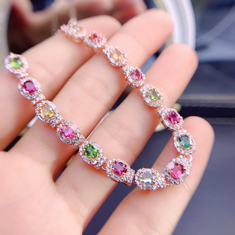 

New natural Tourmaline 925 sterling silver inlaid bracelet exquisite full of diamond luxury female color treasure jewelry