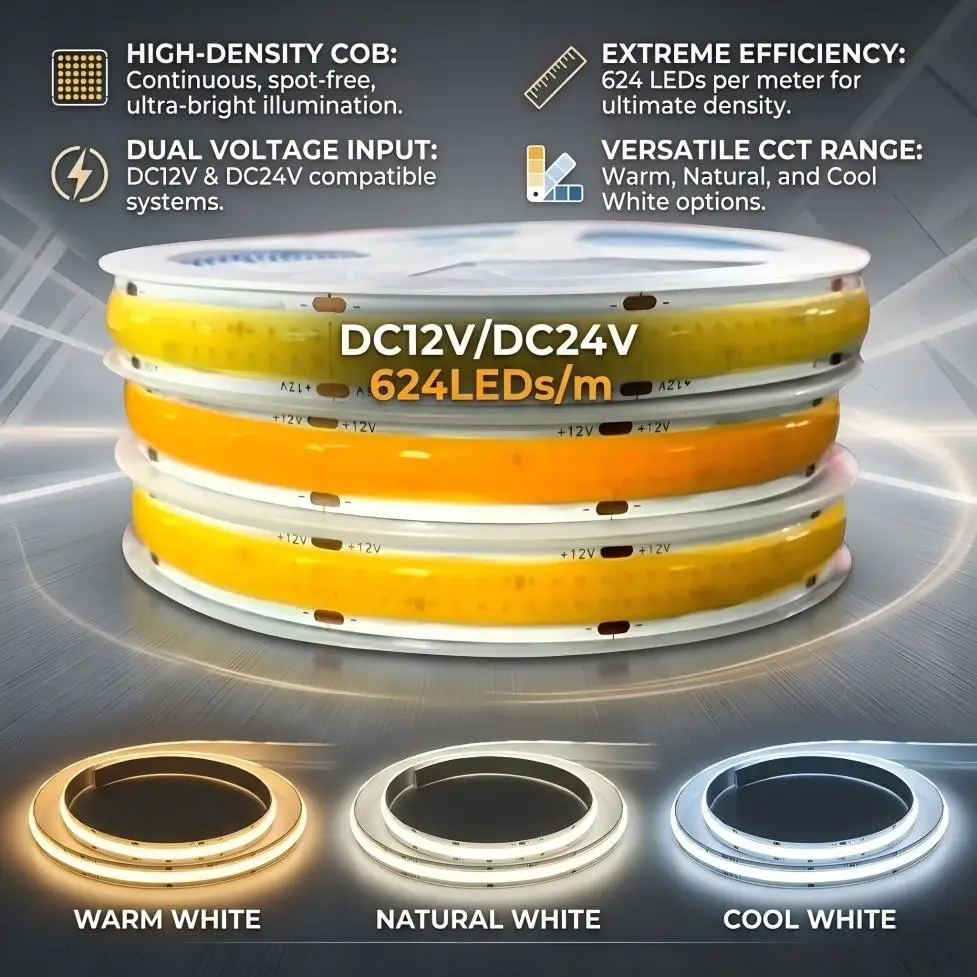 DC12V/24V Double Row COB LED Strip 624LEDs/M High Brightness