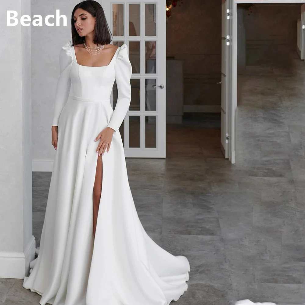 

A-Line Wedding Dress Long Sleeve Square Collar Side Slit Simple Satin Open Back Beach Robe De Mariee Custom Made To Measures