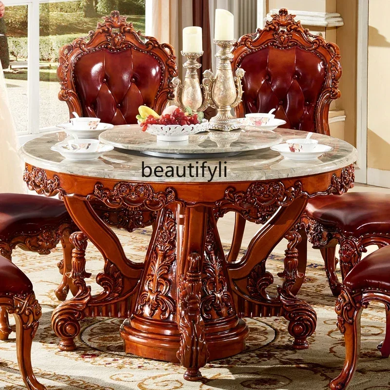 

Round Dining Table All Solid Wood Natural Marble Countertop Dining Table French Large Apartment American Style