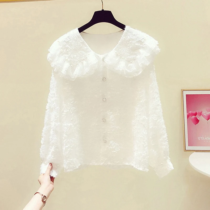 

Korean Style Doll Collar Lace Shirt Women's Spring New Casual Versatile Long Sleeve Loose Fit Button Detail Pure Color Commut...