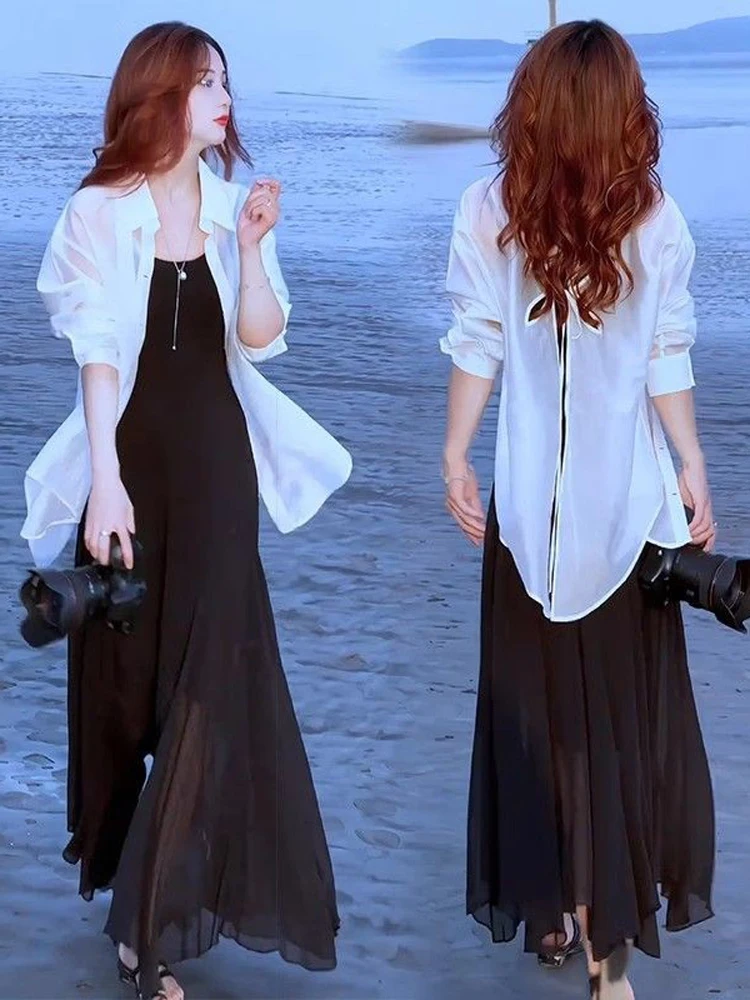 

Summer New Ice Silk Beach Vaion Dr Women's Long Sve Collar Two-Piece Set Beachy Sle Sundr with Strap