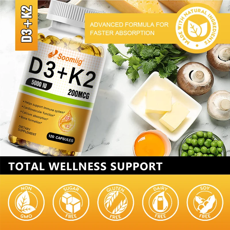 Vitamin D3+K2 Capsules - Vitamin D 5000IU Vitamin K2 (200MCG) - Immune Support Supplement, Bone and Joint Health