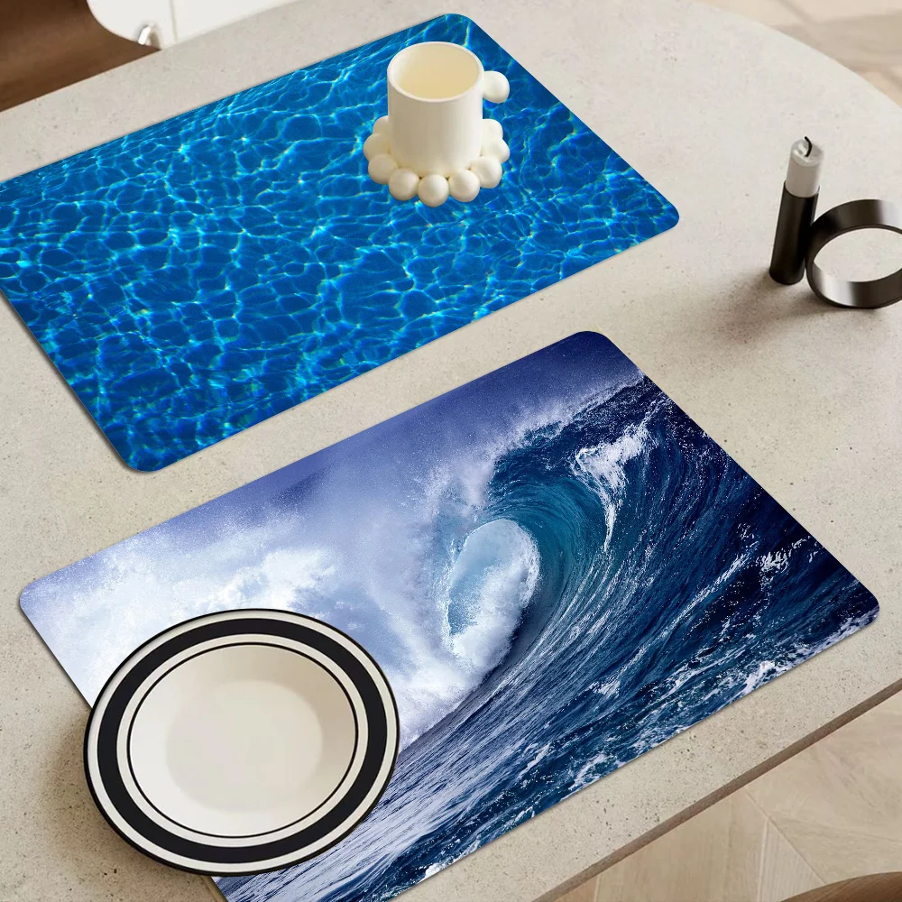 3D Ocean Sea Water Kitchen Draining Mat Non-slip Drain Dish Mats Coffee Pad Heat Resistant Placemat Dinnerware Dustproof Pads