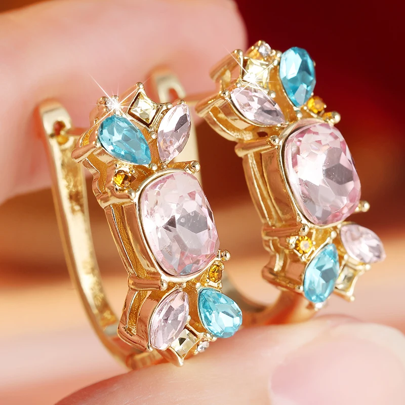 Luxury Inlaid Pink Blue CZ Hoops Women's Earrings Trendy Golden Color Geometry Daily Wear Party Jewelry Anniversary Gift