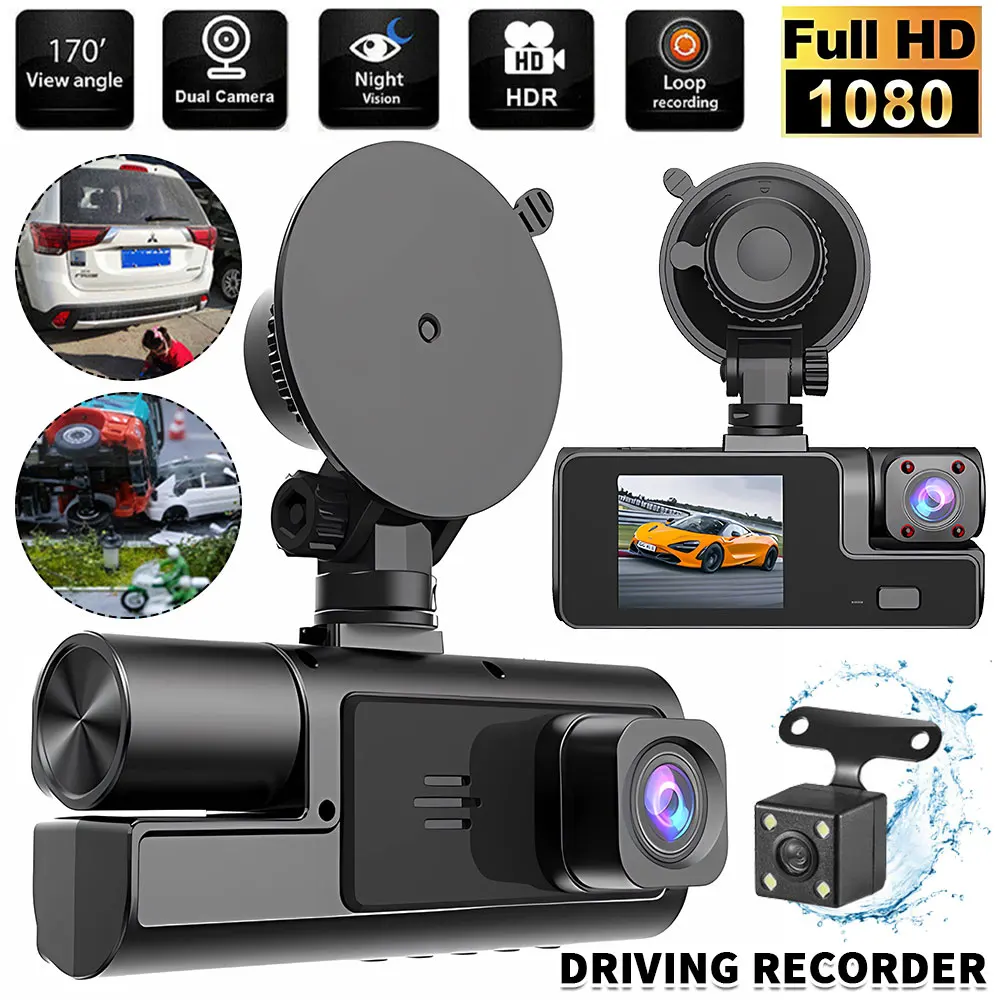 1080P سيارة داش كام 3 قناة الجبهة الخلفية والداخل مع واي فاي DVR مسجل قيادة حلقة تسجيل 24H شاشة ركن السيارة G-الاستشعار