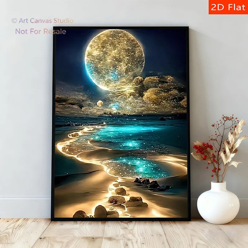2D Flat, 2D Flat, [2D Flat] 1pc Moonlight Beach Scene Canvas Print - Frameless 30.48X40.64 cm Home, Office, And Cafe Wall Dec