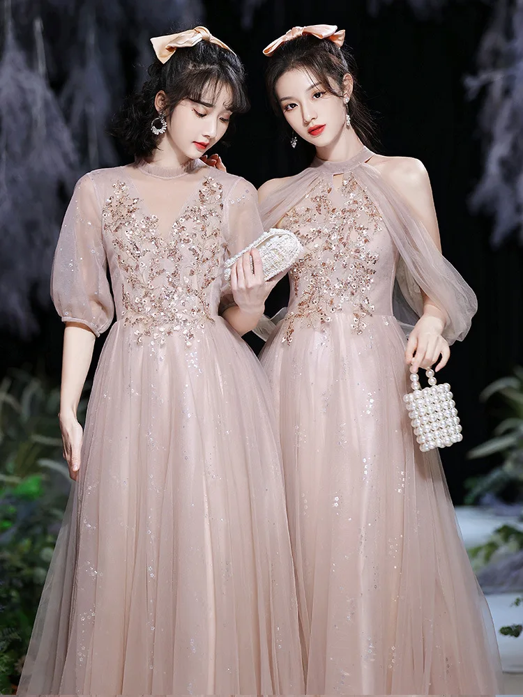 Satin And Lace Bridesmaid Dress New Spring Autumn Pink Little Sisters Group Dresses Slim Large Fairy Prom Party Evening Dress