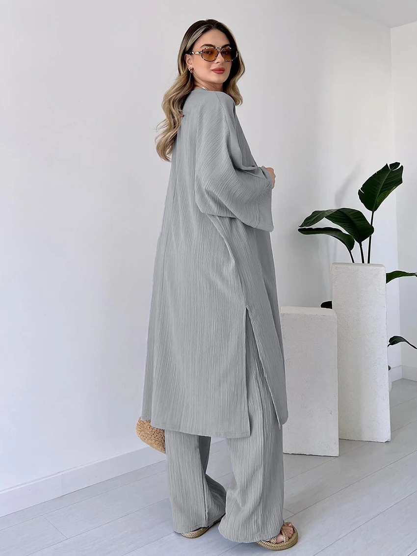 Marthaqiqi Loose Gray Women Nightgowns Set Sexy V-Neck Sleepwear Long Sleeve Nightwear Pants Casual Ladies Pajamas 2 Piece Suit