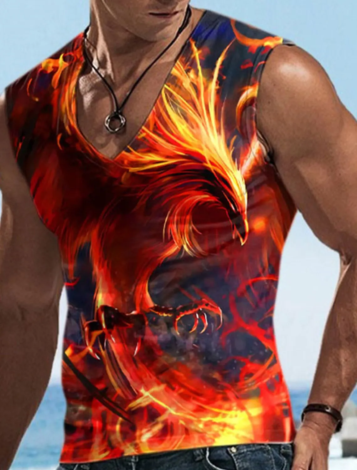 Summer Men's Retro T Shirt Stereoscopic Print Oversized Retro Phoenix Pattern 2023 Street Sleeveless Men's Fashion Vest Top