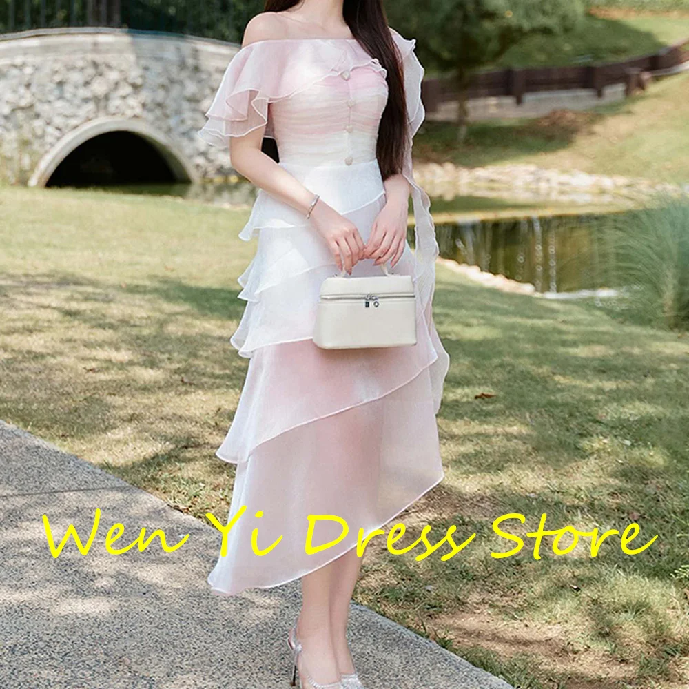 Strapless Off the Shoulder Short Sleeves Chiffon Tiered Tea Length Ruffles Backless Elegant Evening Dresses For Formal Occasions