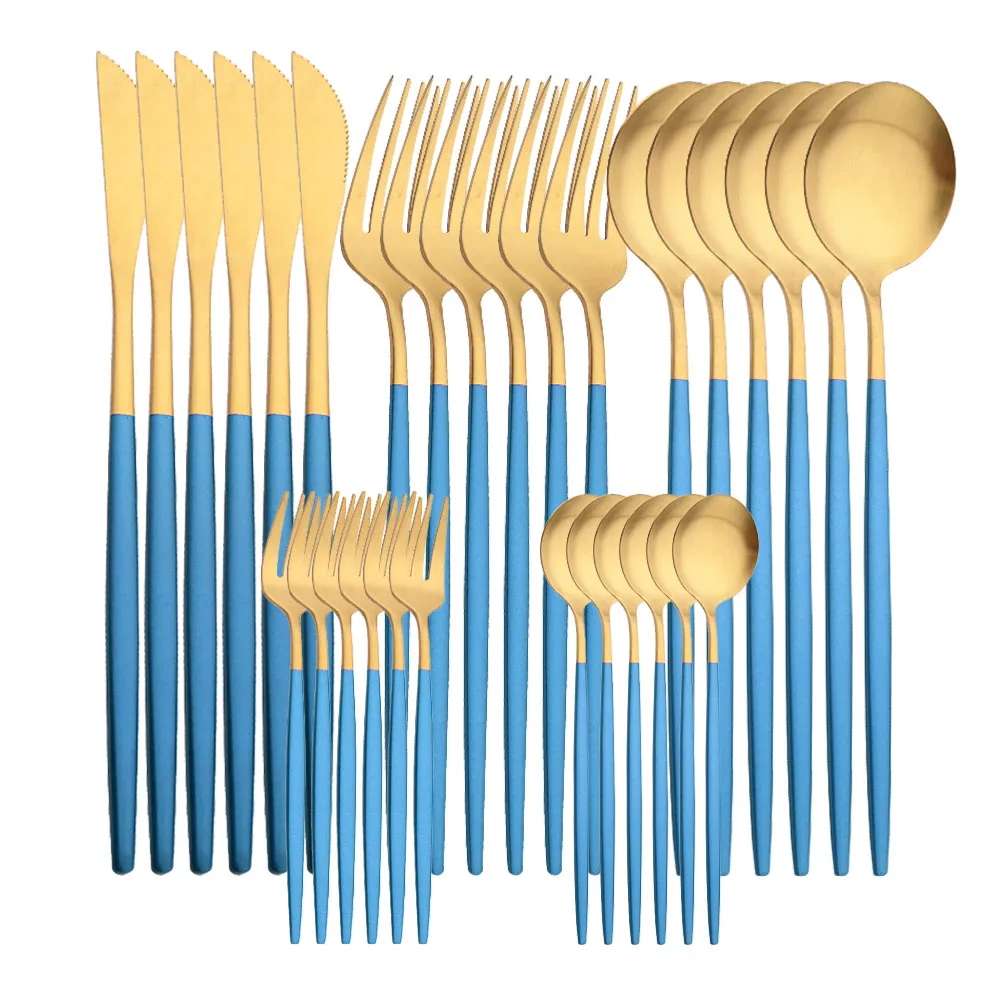 

Matte 30Pcs Blue Gold Cutlery Set Stainless Steel Tableware Knife Fork Spoon Dinner Dinnerware Kitchen Flatware Silverware Set