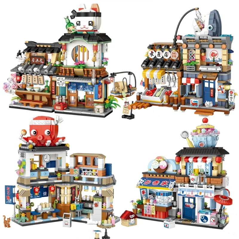 Japanese Street View Series Building Blocks Set Izakaya Shaved Ice Shop Fisheries Store Takoyaki Store Model Brick Kids DIY Toys