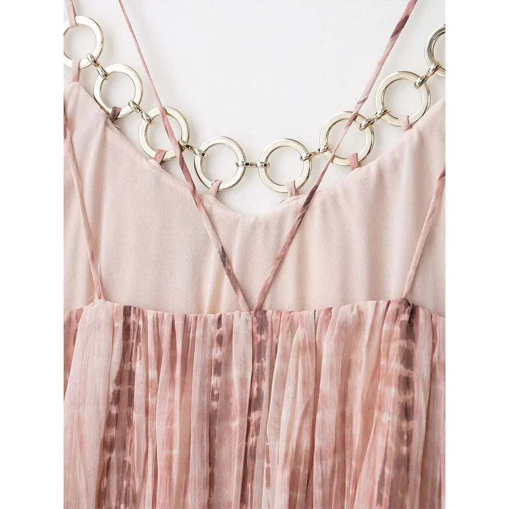 DUOPERI Frauen Tie Dye Gedruckt Plissee Backless Midi Kleid High Street Dünnen Trägern V-ausschnitt Weibliche Eleganz Chic Dame Kleider