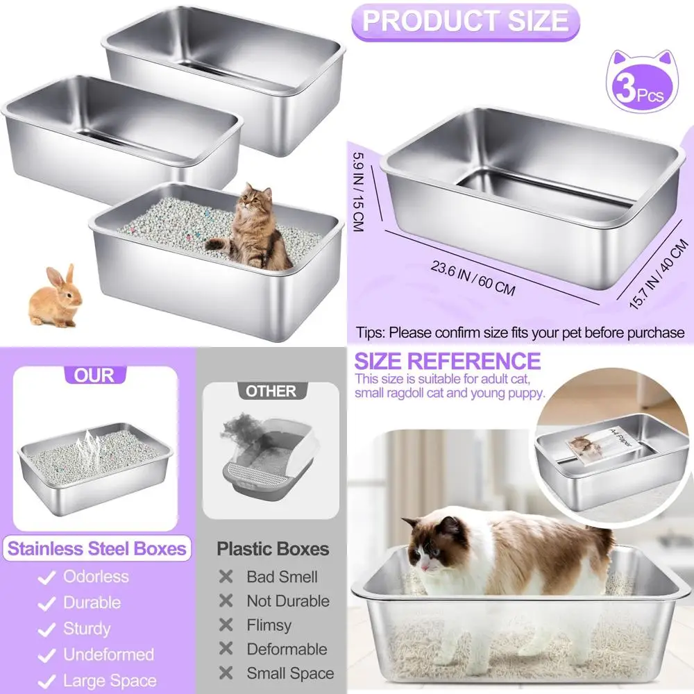 Extra Large 23.6L Stainless Steel Cat Litter Boxes with High Sides - Durable Metal Litter Pans for Easy Clean-up and Comfort