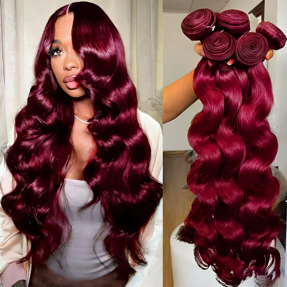 

40 50Inch 99j Burgundy Body Wave 100%Human Hair Bundles 14A Remy Brazilian Colored 1 3 4 5 Pcs Weave Raw Hair Bundles Extensions
