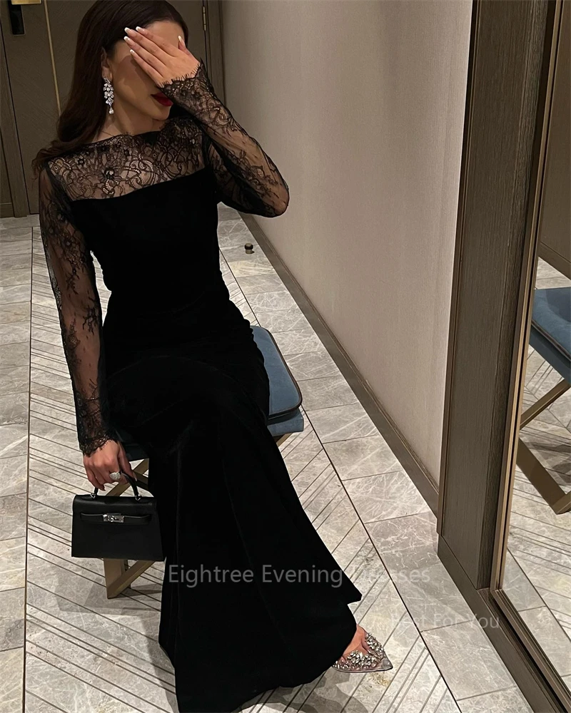 Eightree Black Lace Mermaid Evening Party Dresses Long Sleeve Arabic Dubai Formal Dress Outfits Floor Length Evening Party Gowns