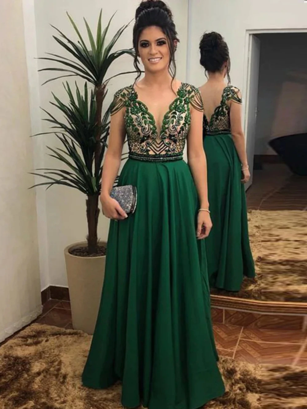 Sexy Deep V-neck Mother Of The Bride Dress For Wedding Sparkly Beads Prom Dress Customized Graceful Green A-line Evening Gown