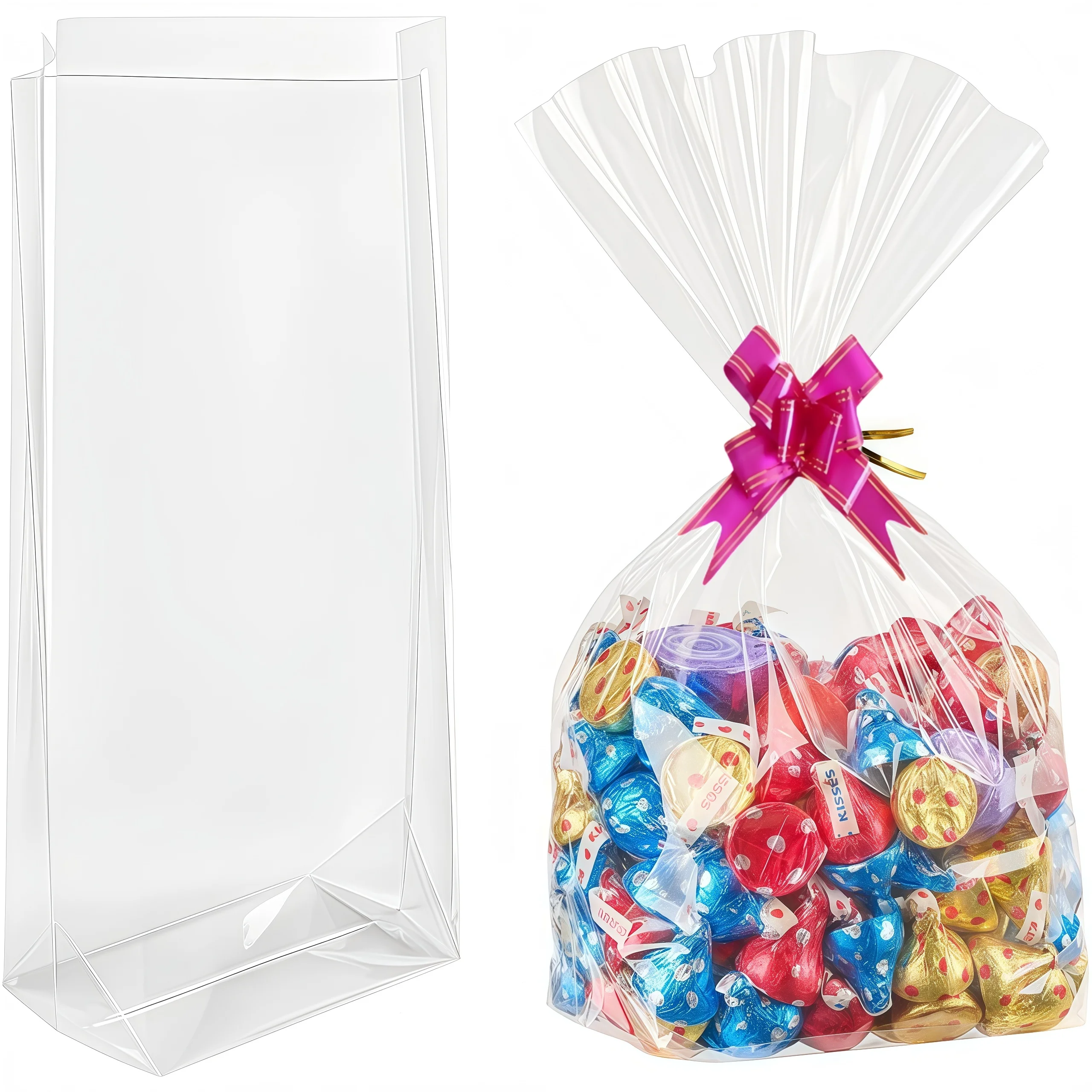 10/30/50Pcs flat bottom gusset handle bag, clear cellophane gift bag with bow/kink tie, gift bag for party birthday party