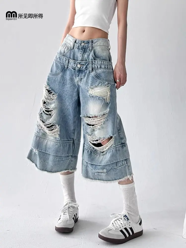 Retro American Washed Ripped Straight Denim Jeans Damen Design Hohe Taille Lose Weite Beinhose Knielange Baggy Jeans