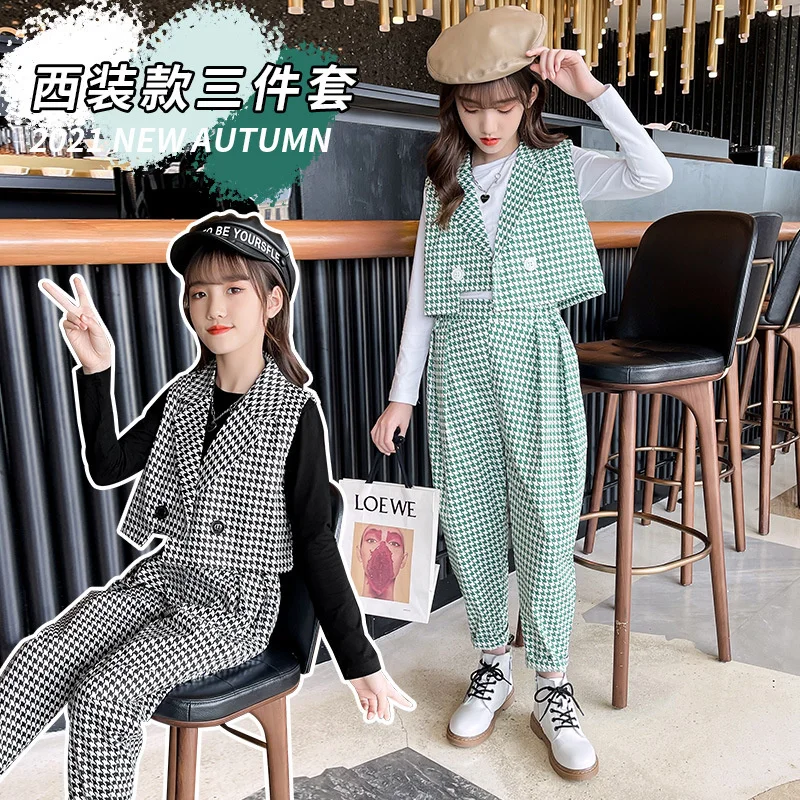 Sets Clothing Girl 2023 Spring New Fashion Houndstooth Vest & Pants With T-shirt 3 Pieces Suits Kids Clothes Green/Black