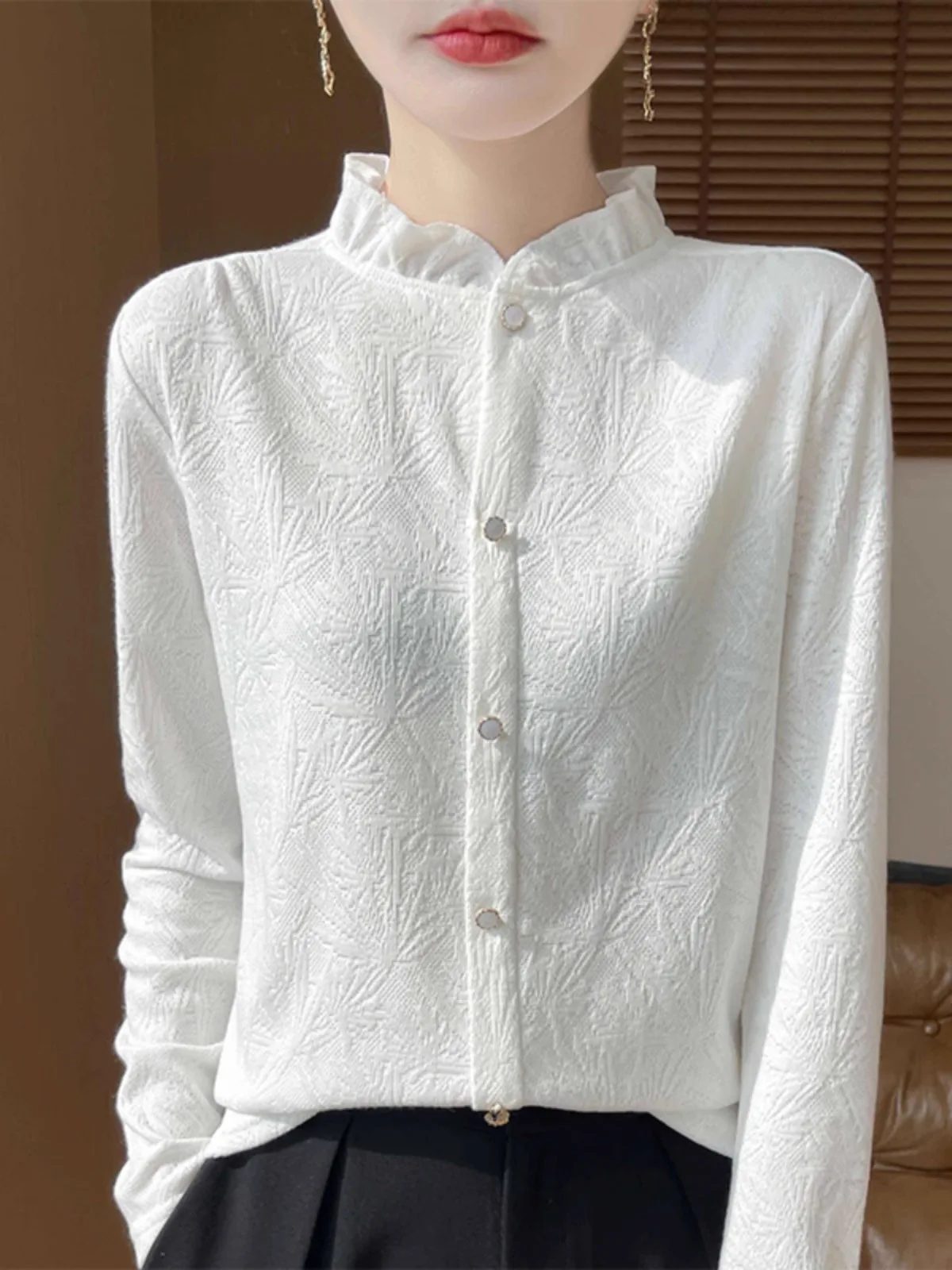 

Ele Wooden Ruffle Bot Knitted Top Women's Loose Long Sve Spring Autumn Inner Faionable Knitted irt