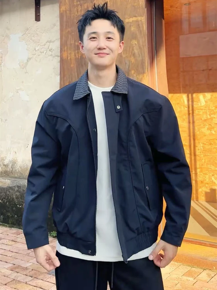 

Men's Retro American Harington Jaet Autumn Outdoor Windproof Faionable Collar Color Blo Plaid Ne Outerwear Top